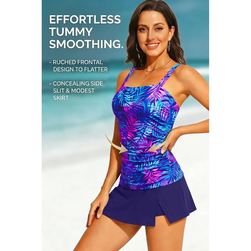 Talisea Women's Blue Purple Two Piece Tankini Bathing Suits Skirt Tummy XXL